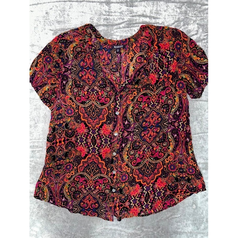Roamans Button Up Shirt Women's Size 16W Cap Sleeve V-Neck